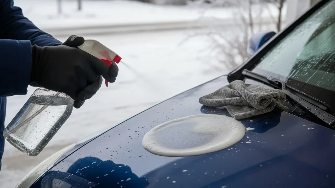 Nærbillede af forstøver med skyllefri autoshampoo påført biloverflade i koldt vejr.