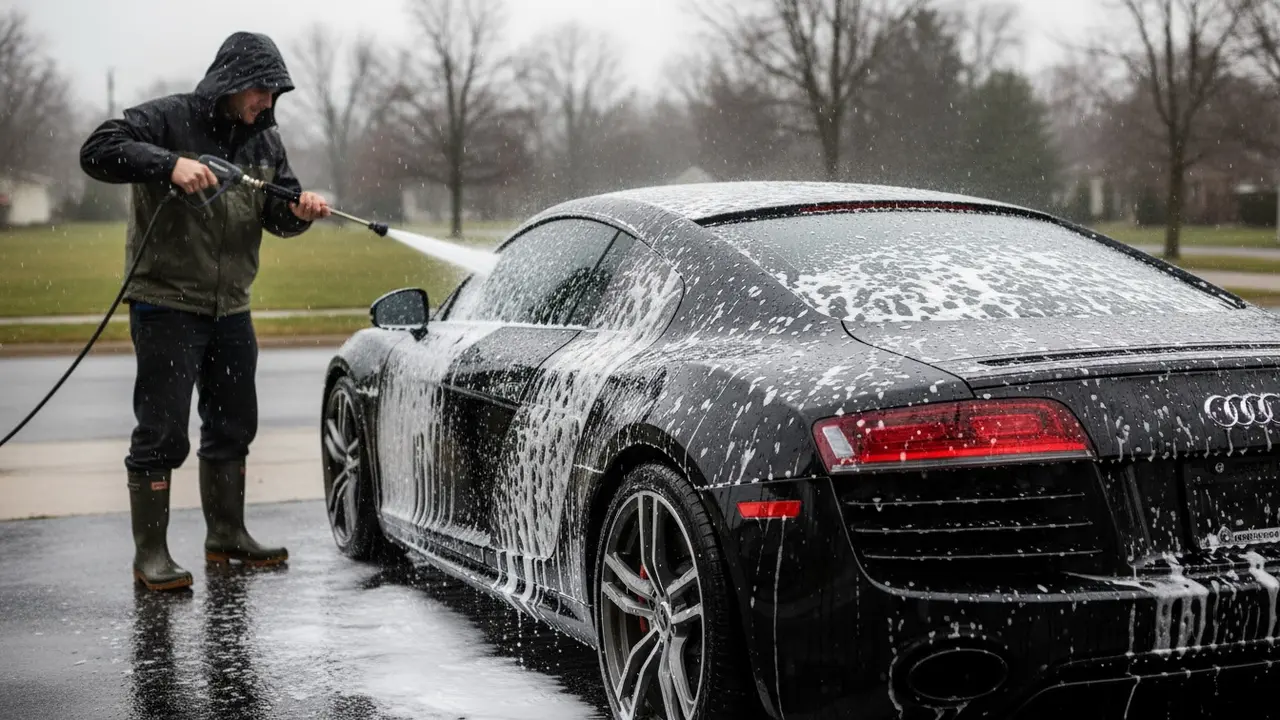 Bil dækket af skum i let regn mens en person påfører skumlanse.