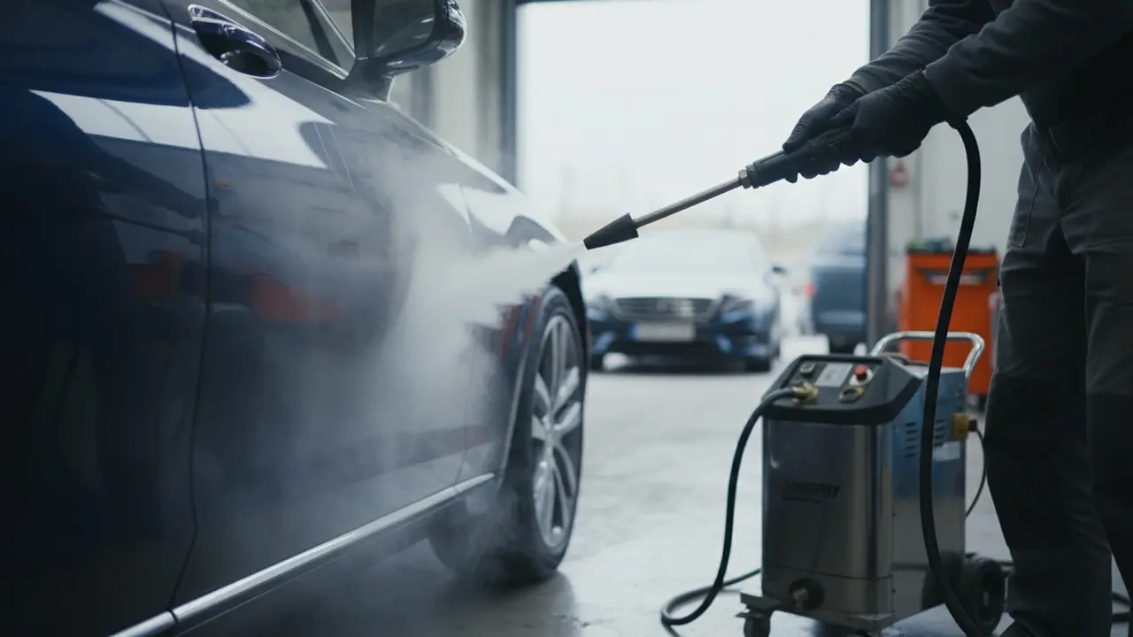 Dampvasker rengør bilens skærmkasse med synlig damp og minimal vand.