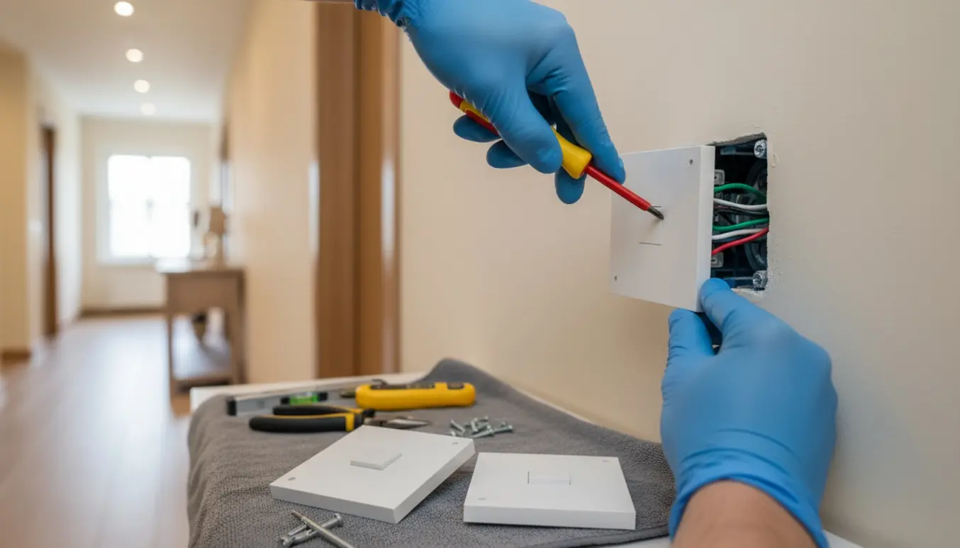 Hænder monterer hvide LED-touch-lysdæmpere i en væg med værktøj og ekstra dimmere klar.