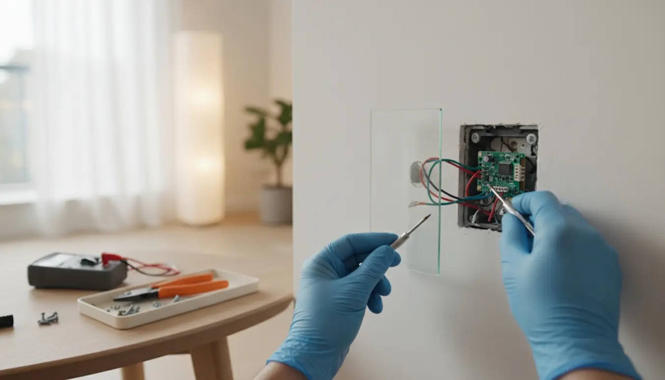 Nærbillede af hænder, der reparerer en vægmonteret touch-lysdæmper med skruetrækker og værktøj i et lyst, moderne rum.