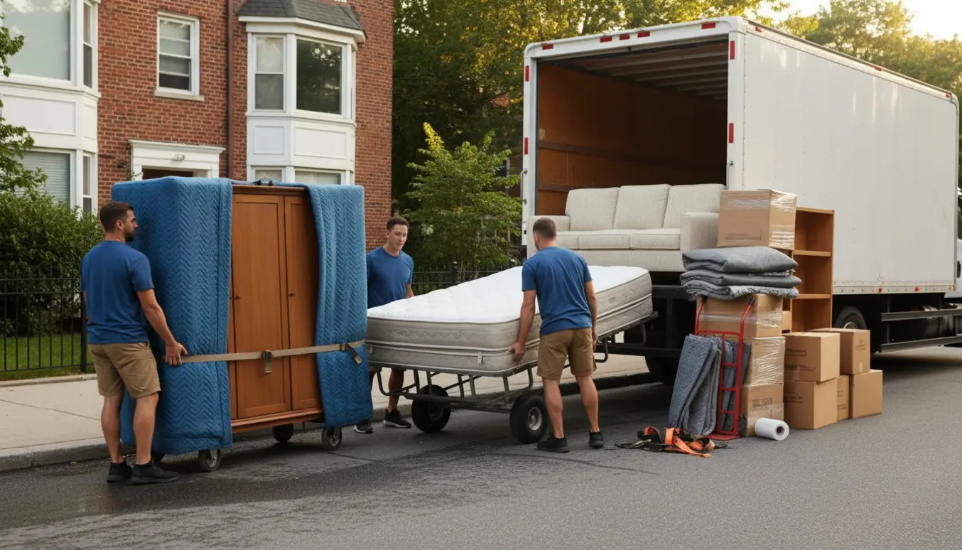 Flyttefolk bærer seng, sofa og et tredelt tøjskab mod en ubrandet flyttebil.