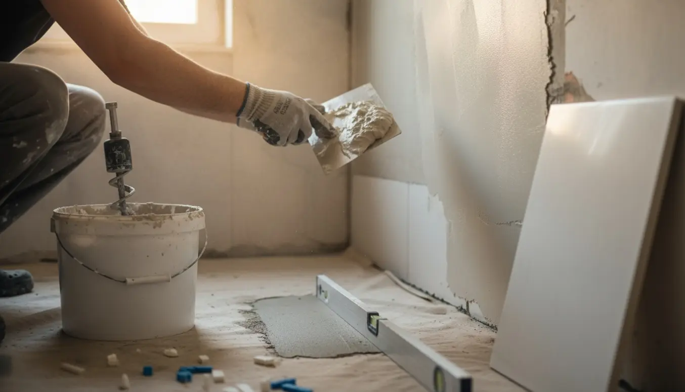 Nærbillede af et lille badeværelse under renovering med hænder, der glatter frisk puds på væggen og værktøj og fliser i baggrunden.