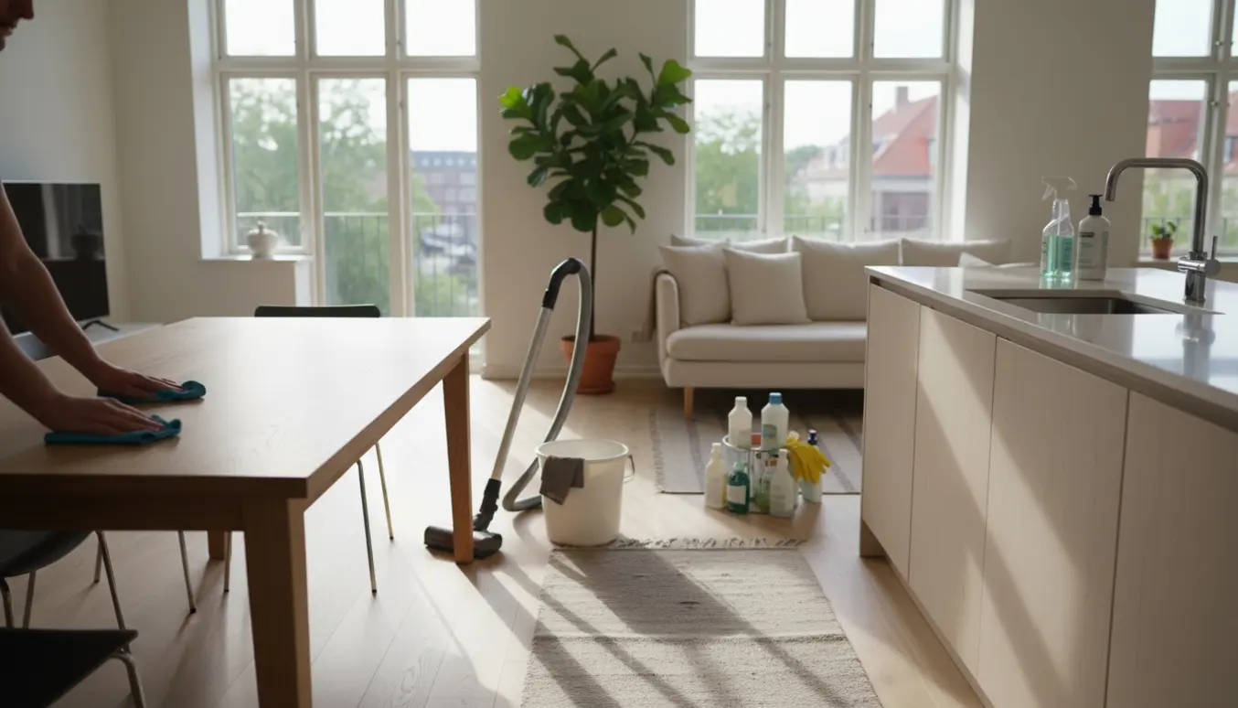 Hænder pudser et lyst egetræsbord i en solbeskinnet Frederiksberg-lejlighed med støvsuger og moppe i baggrunden.