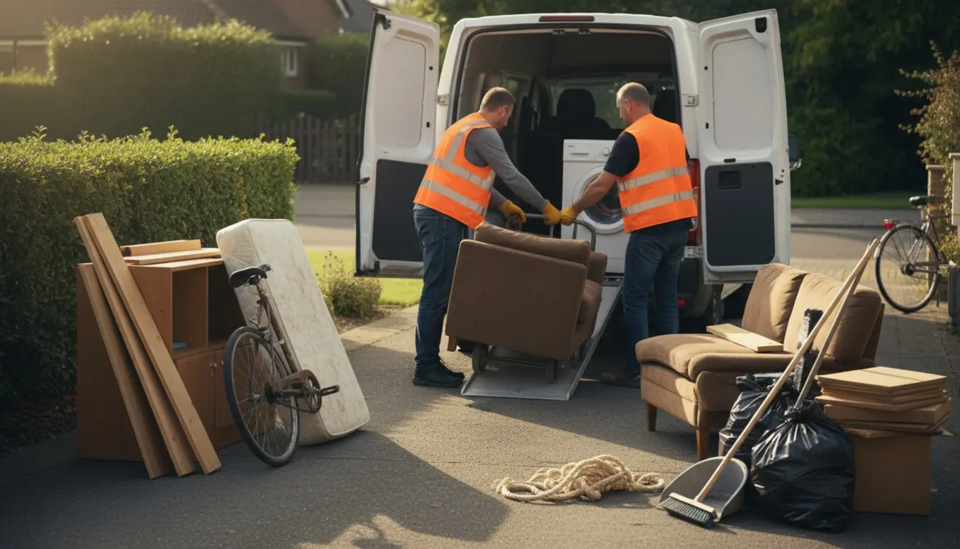 To arbejdstagere læsser storskrald på en åben varevogn i en indkørsel, med hænder i fokus og ansigter ude af fokus.
