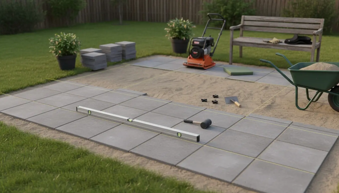 Halvfærdigt firkantet terrasseareal med herregårdsfliser, værktøj og materialer i en baghave.