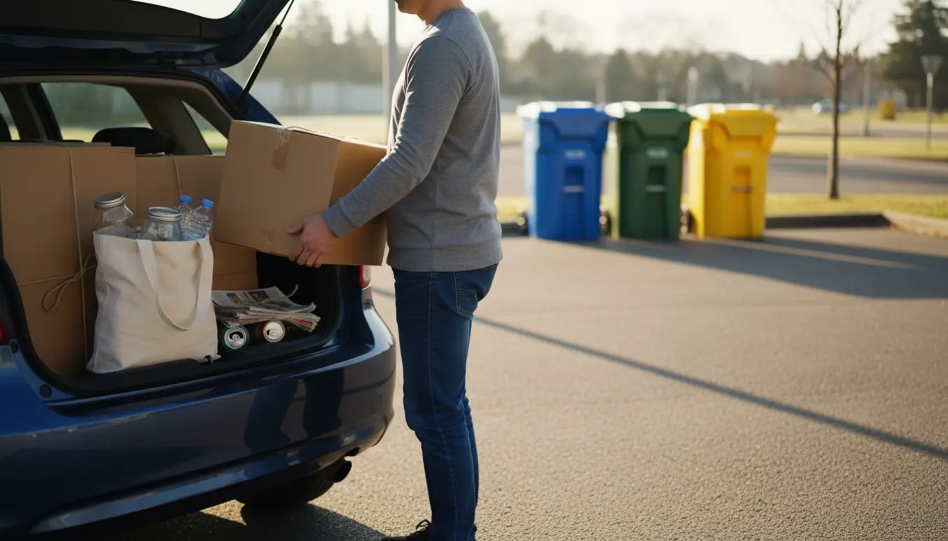 Åben bilbagklap ved genbrugsplads med papkasser og små genstande klar til aflevering, person set bagfra.