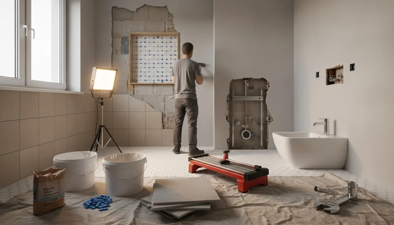 Igangværende badeværelsesrenovering med fjernede fliser, nye fliser og værktøj, håndværker set bagfra.