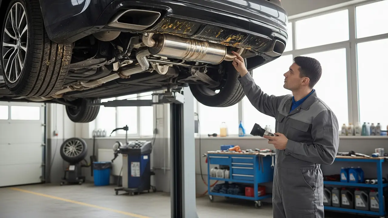 Mekaniker inspicerer bilens undervogn på lift, med synlig beskyttelseslag