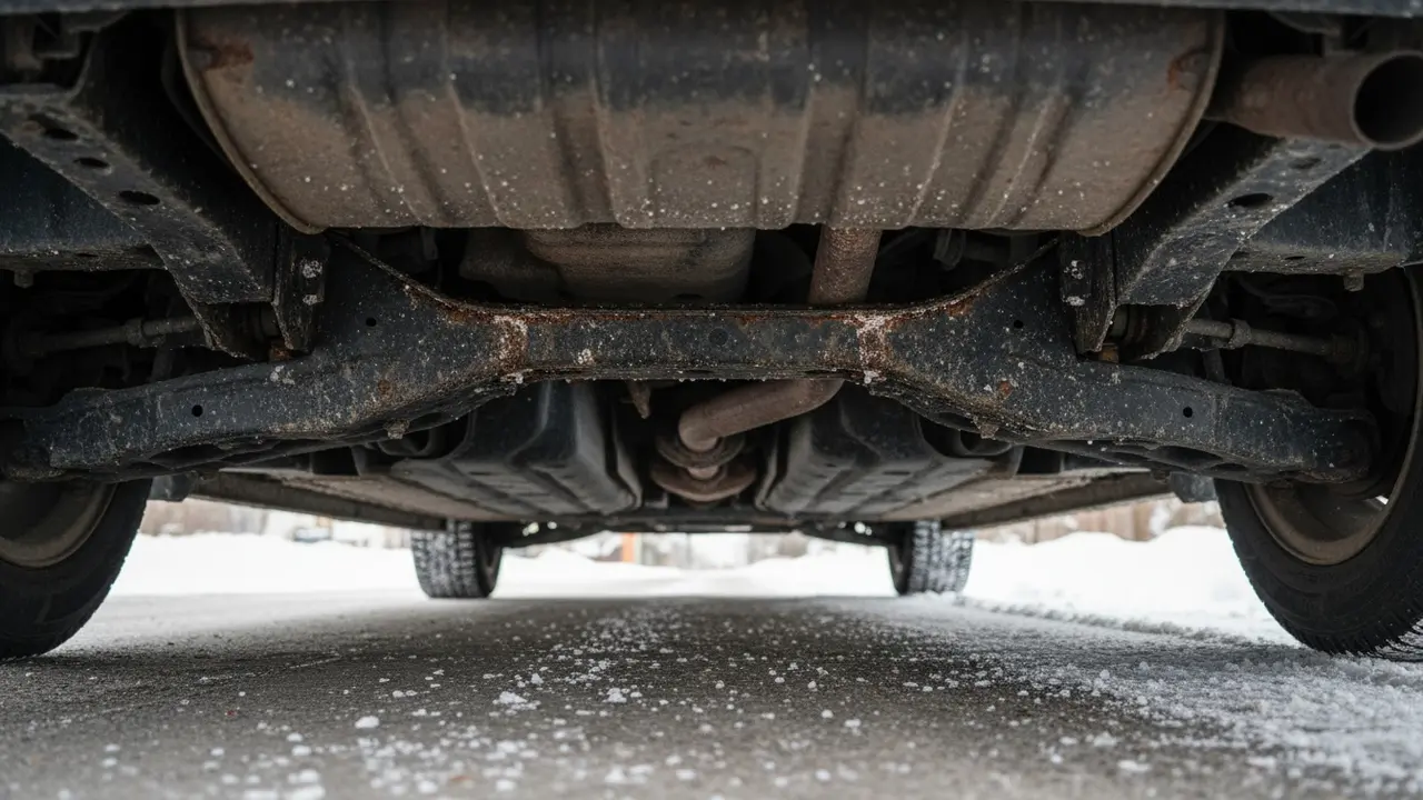 Undervogn med vej-salt og snavs i samlinger, begyndende korrosionsspor