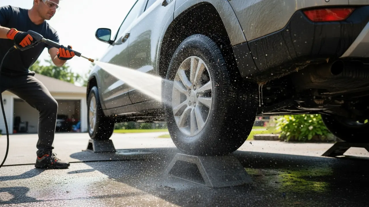 Person rengør bilens undervogn med højtryksrenser, vand og mudder flyver af
