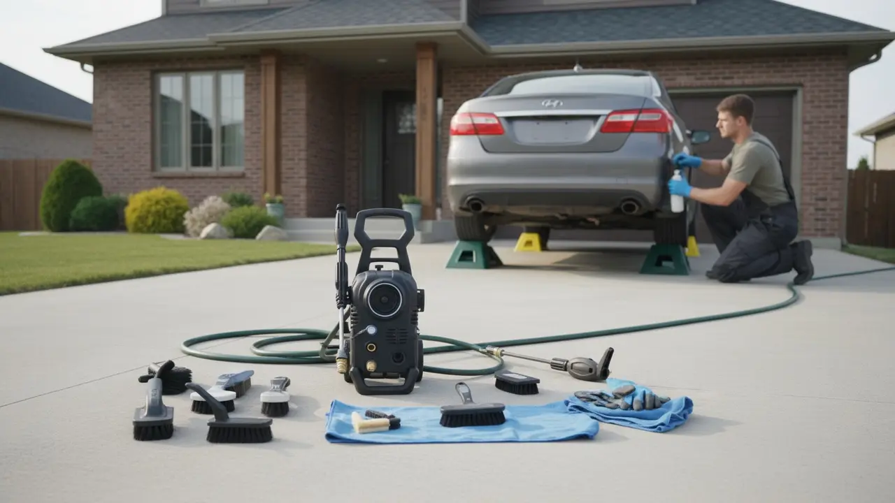 Udstyr til selvvask af undervogn lagt frem ved bilen på ramper i indkørsel