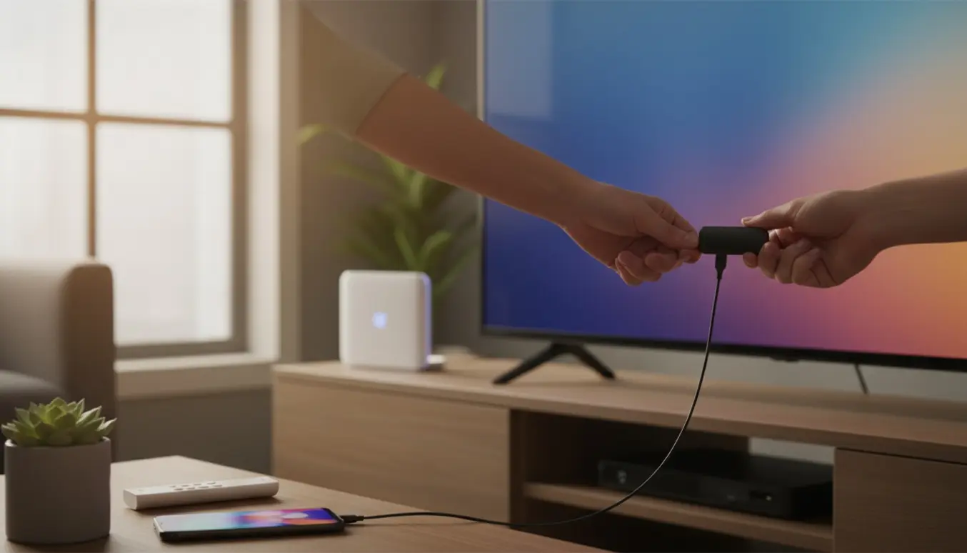 Nærbillede af hænder, der forbinder en streaming-dongle til et fladskærms-tv i en moderne stue.