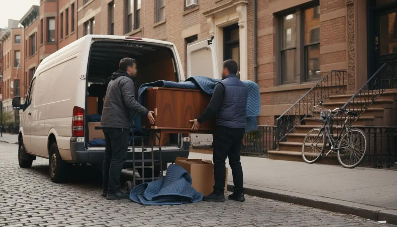 To personer læsser en kommode ind i en varevogn foran en rødstensbygning.