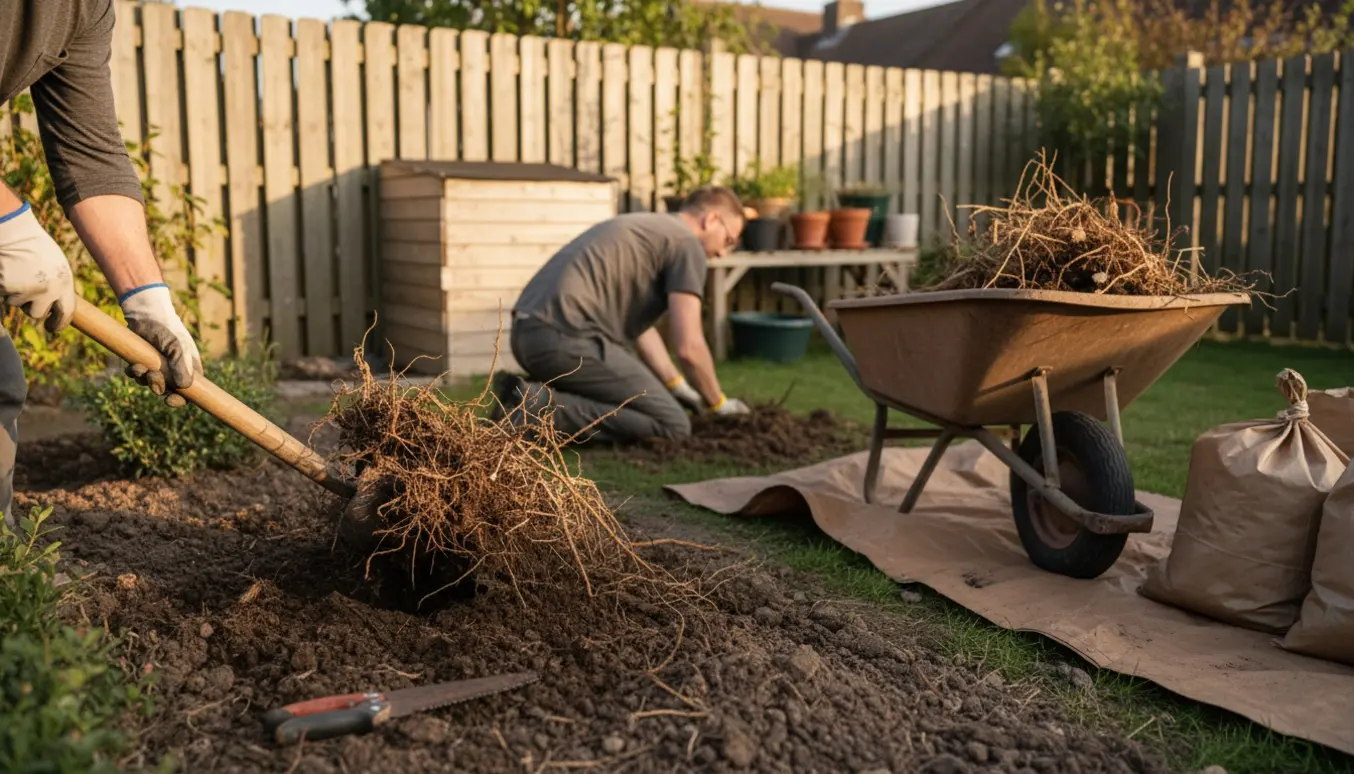 To visne buske graves op i en baghave med skovl, trillebør og haveværktøj klar til bortskaffelse.