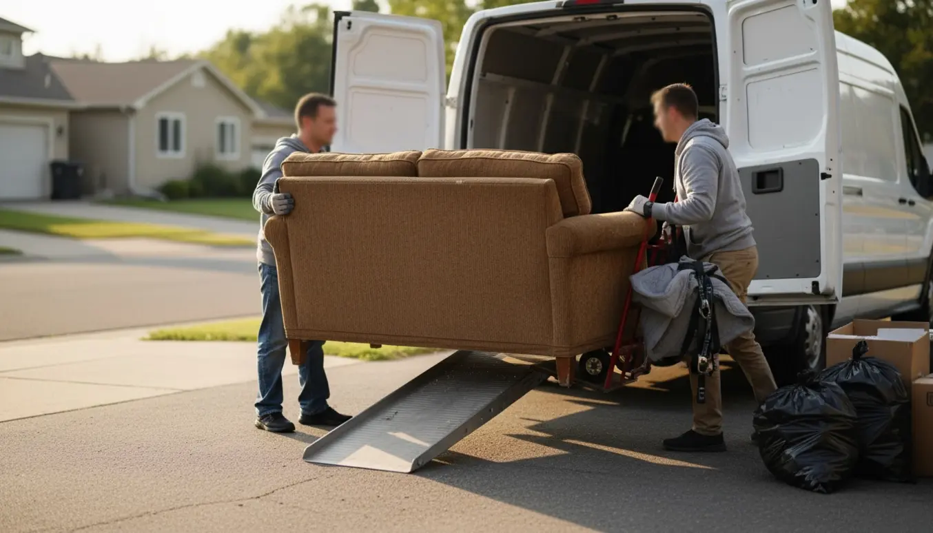 En sofa læsses ind i en varevogn ved siden af affaldssække og flytteudstyr.