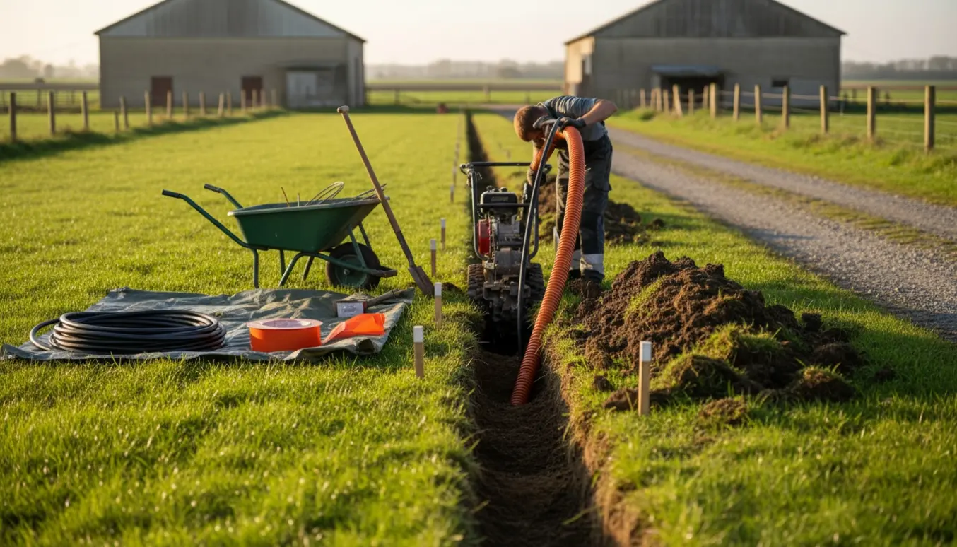 Åben rende på en gård, hvor et tykt strømkabel og beskyttelsesrør lægges ned mellem to landbrugsbygninger.