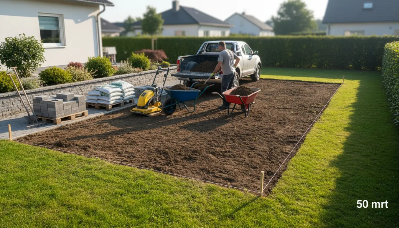 Pickup lastes med jord fra en ryddet haveplads klar til stabilgrus og fliser.