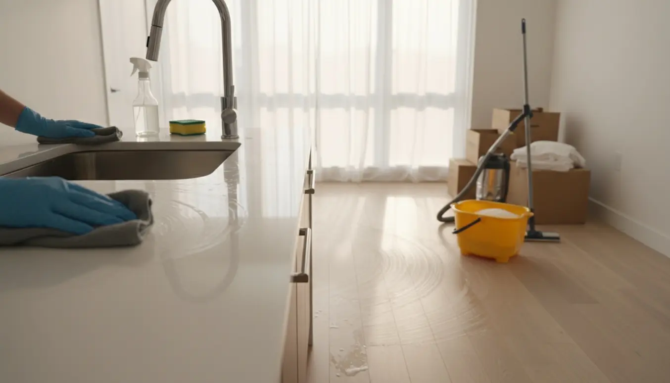 Gummihandsker pudser køkkenbord i en ryddet lejlighed med rengøringsudstyr og sollys.