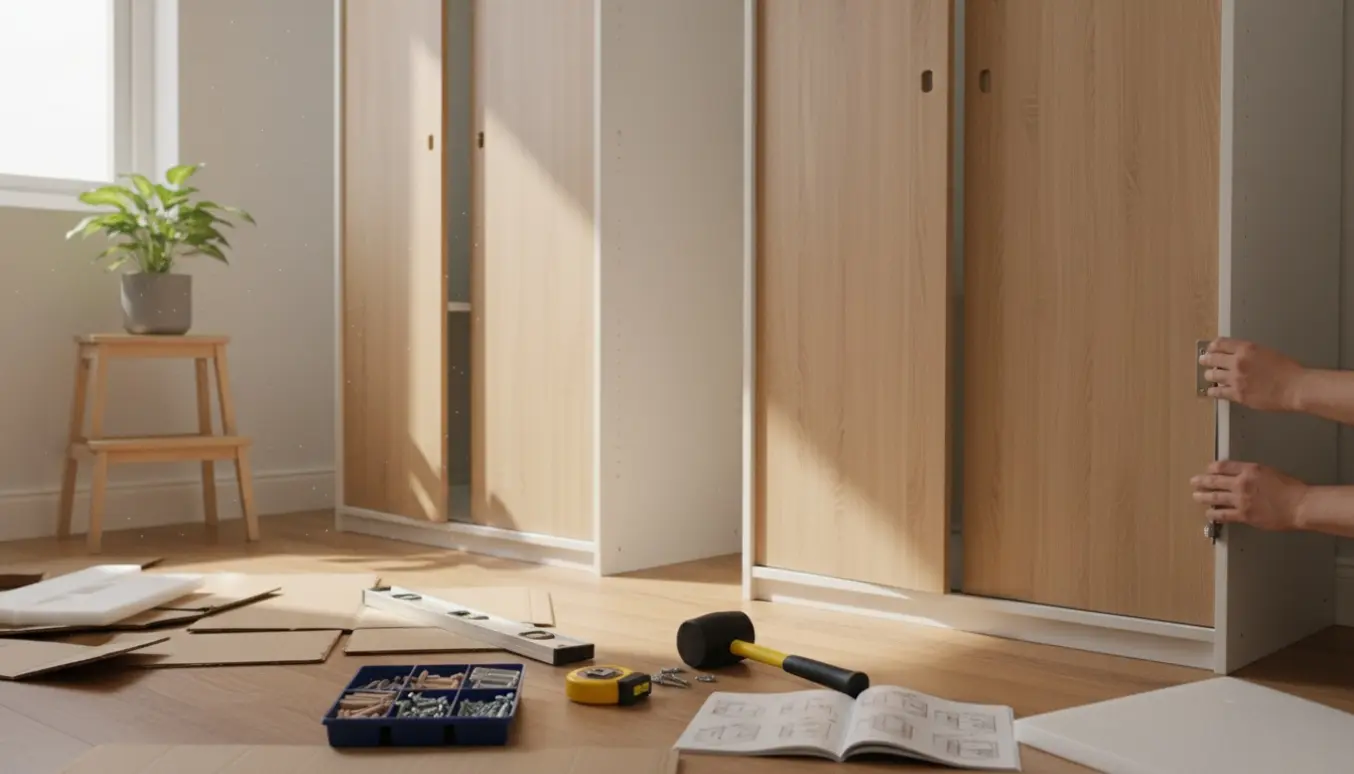 To halvt samlede PAX-garderobeskabe i et lyst værelse med værktøj og dele spredt på gulvet.