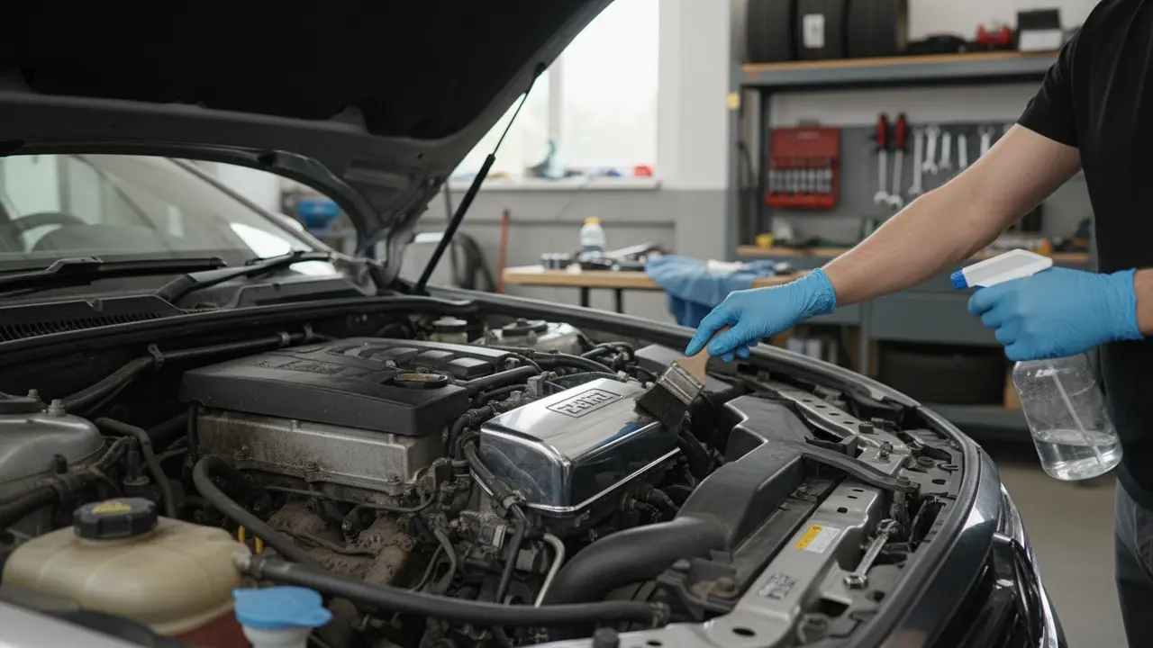 Åben motorhjelm med motorrum halvt snavset, halvt rengjort, tekniker med børste og sprøjte