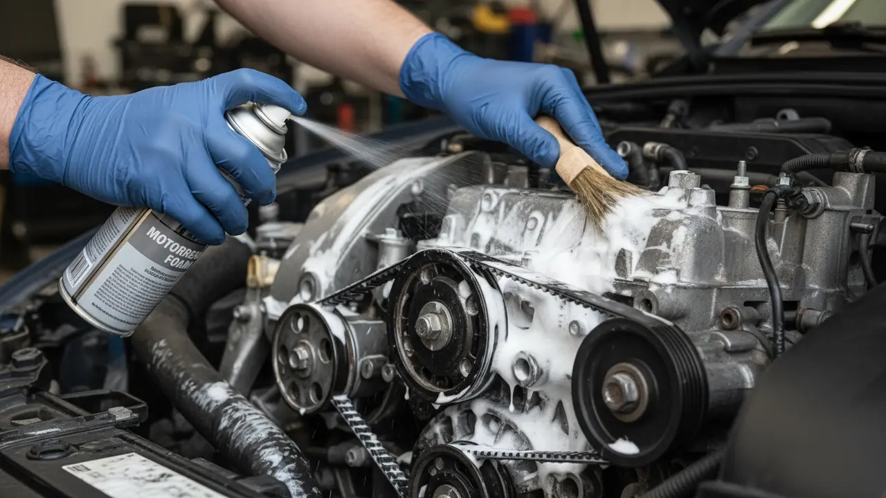 Nærbillede af handsker der påfører motorrens og skrubber med børste i motorrummet