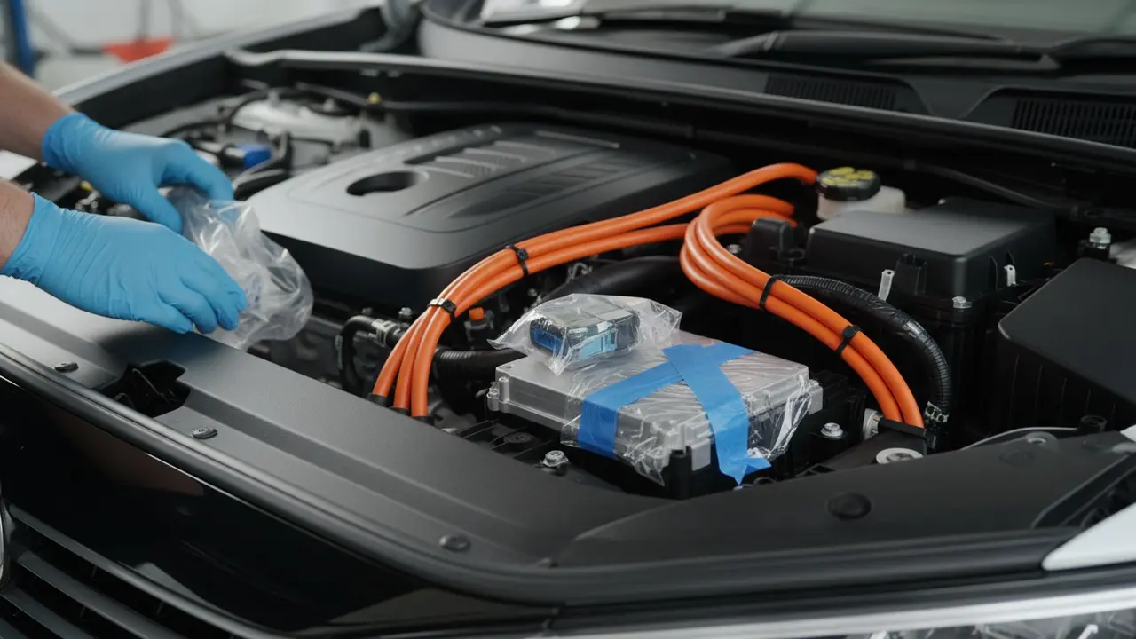 Motorrum på hybridbil med orange højvoltskabel, elektriske komponenter dækket med plastikposer