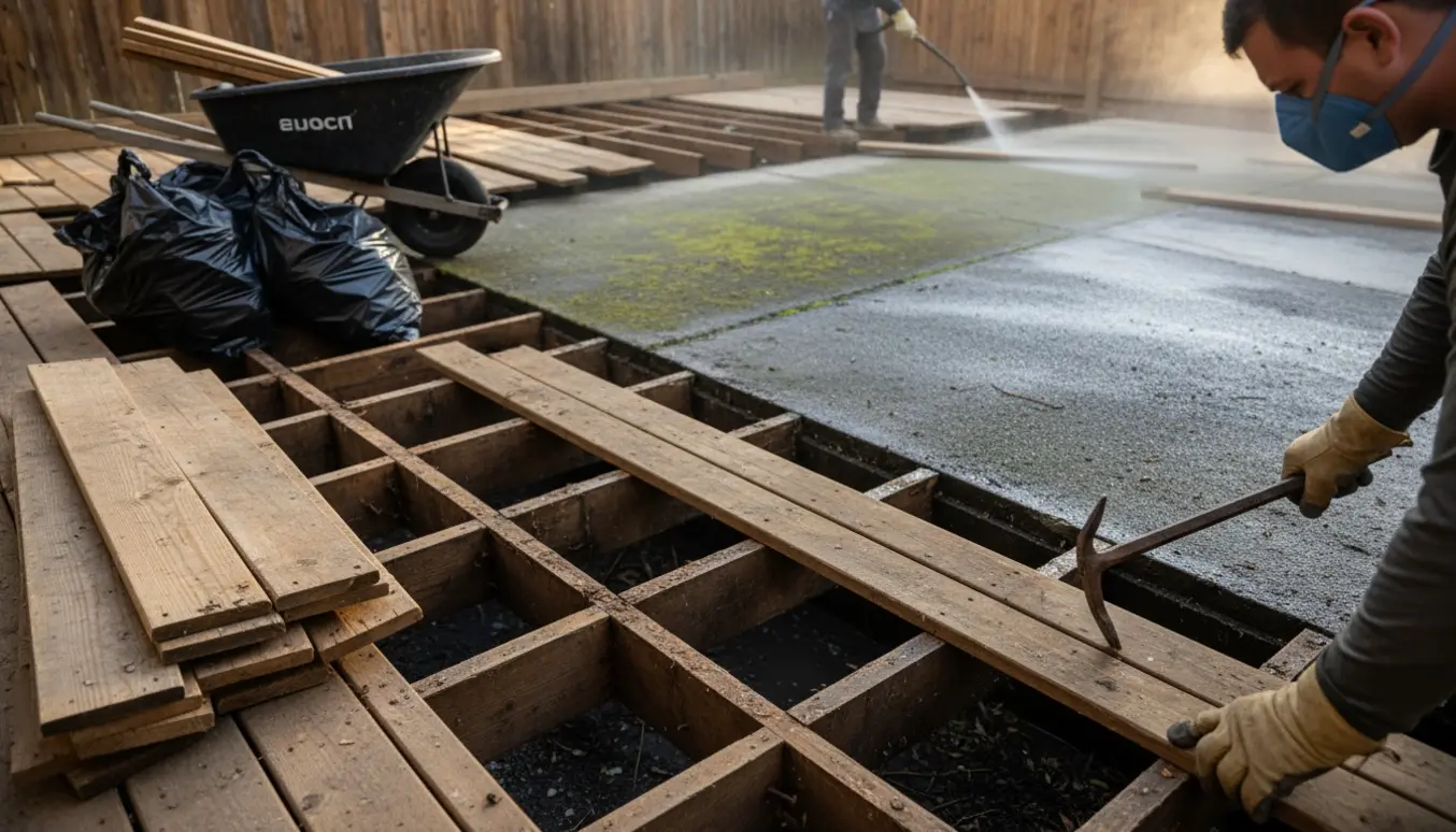 Handskerede hænder fjerner træbrædder fra en terrasse, mens den underliggende betonflade i baggrunden højtryksrenses.