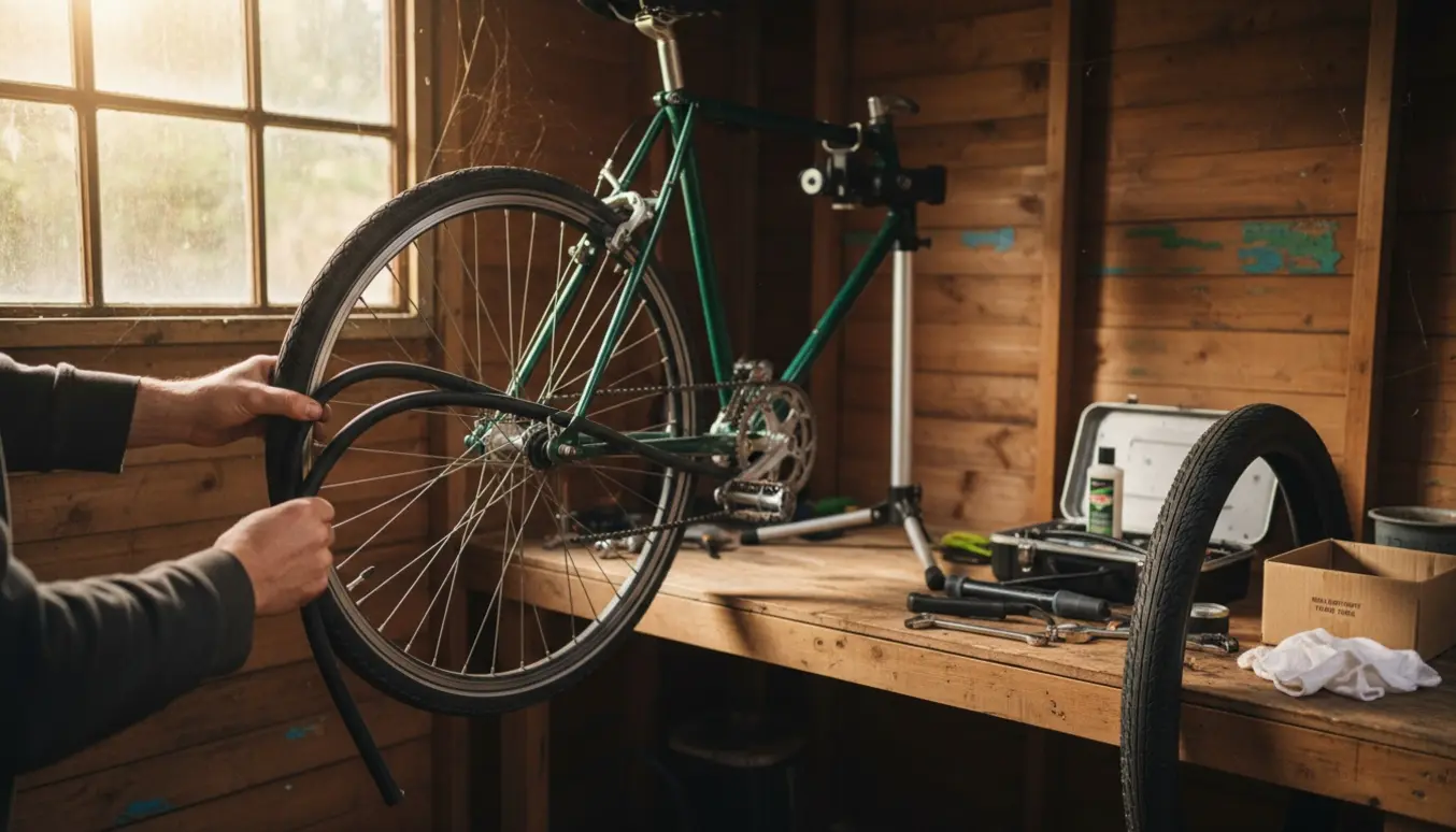 Hænder efterser en cykel i et skur med afmonteret hjul, nye dæk og værktøj på arbejdsbordet.