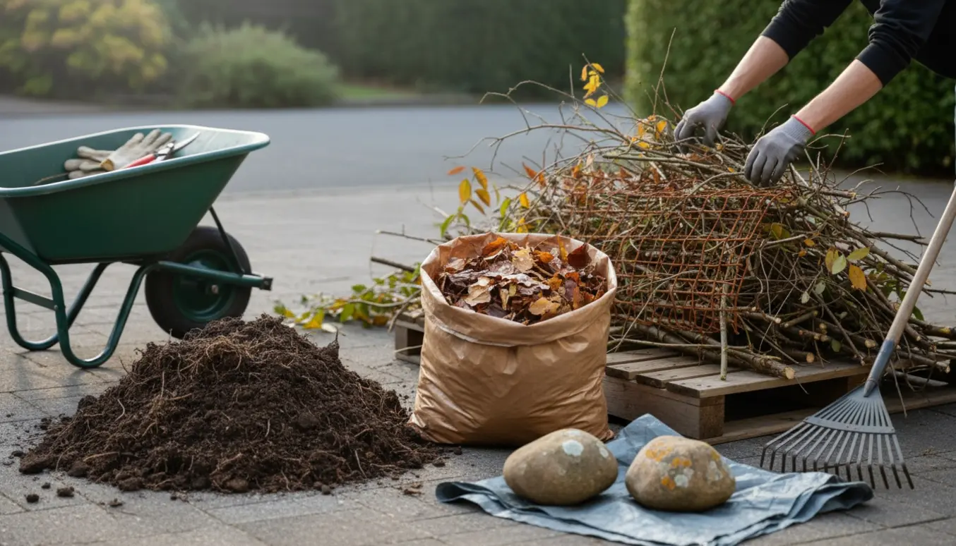 Bunke haveaffald klar til bortskaffelse med jord, bladpose, grene med ståltråd og to sten.