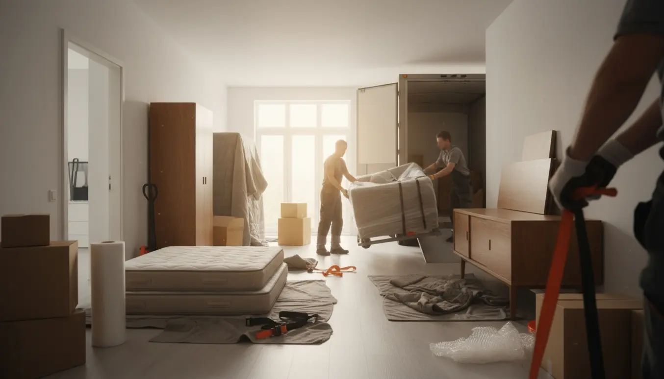 Flyttefolk læsser sofa, skænk, skab, spisebord og tre senge ind i en flyttebil.