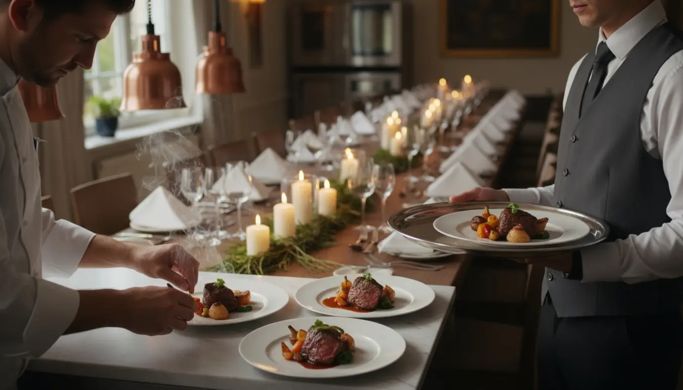 Kok og tjener i moderne køkken forbereder tallerkenservering mod et langbord dækket til cirka 30 gæster.