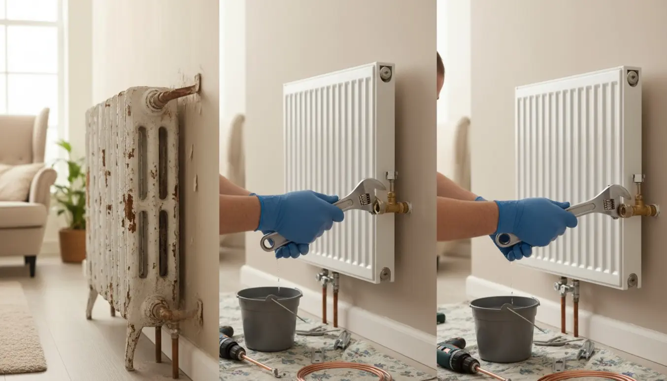 Udskiftning af tre radiatorer indendørs med nye panelradiatorer og synligt værktøj.