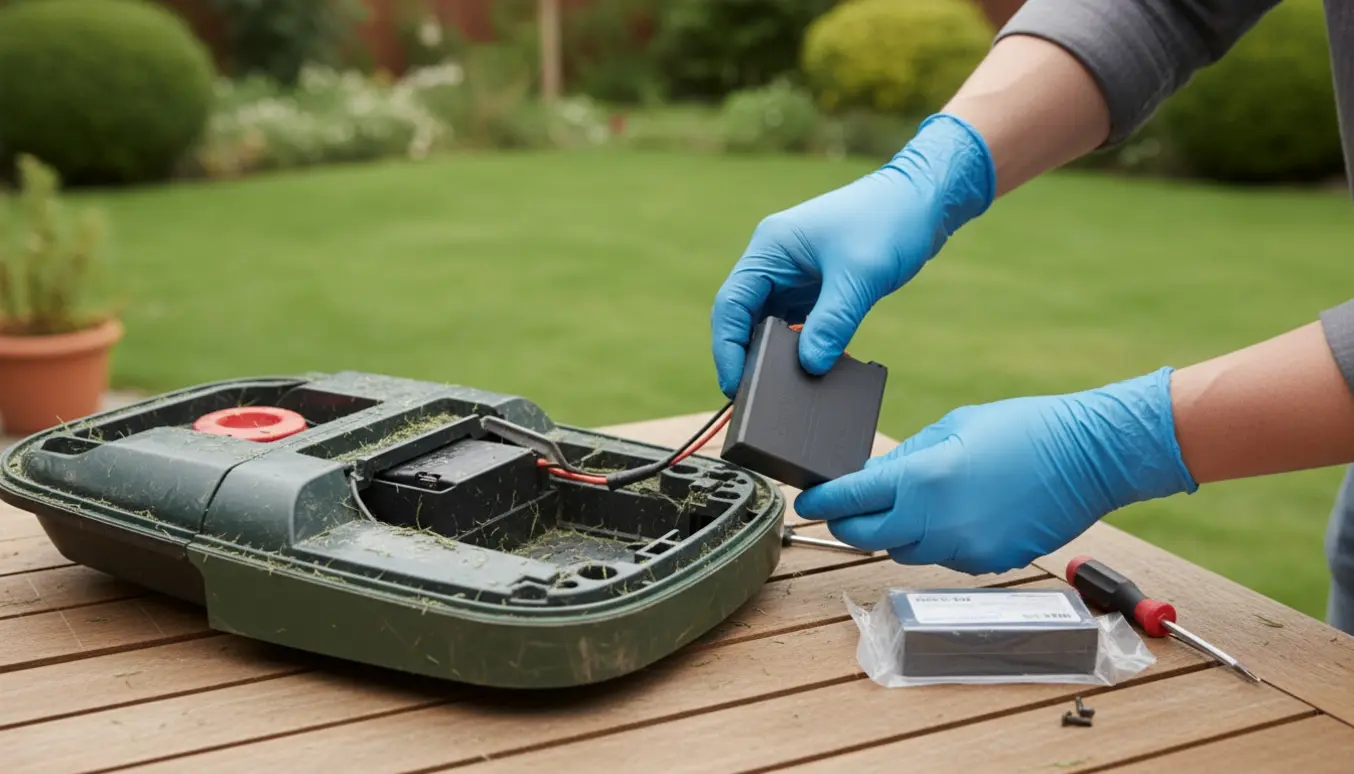Hænder udskifter batteri i en åben robotplæneklipper på et arbejdsbord i haven.