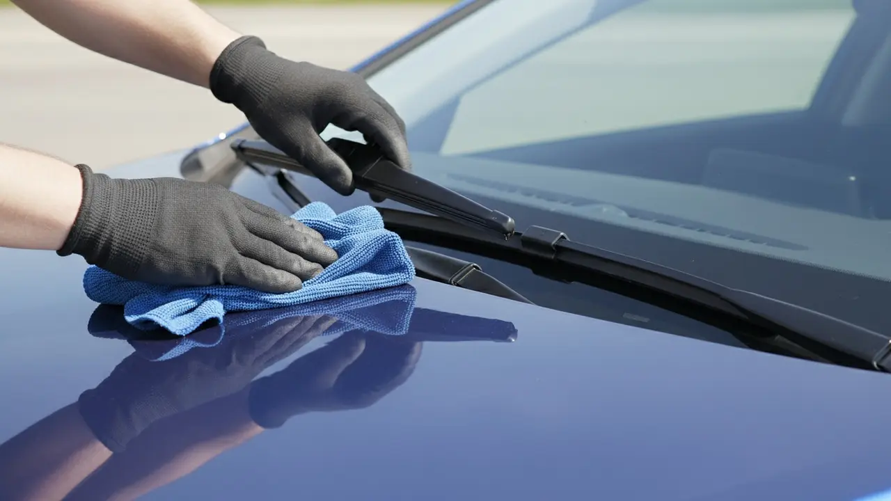 Person løfter forsigtigt viskerarmen ved forruden med en mikrofiberklud og beskytter lakken.