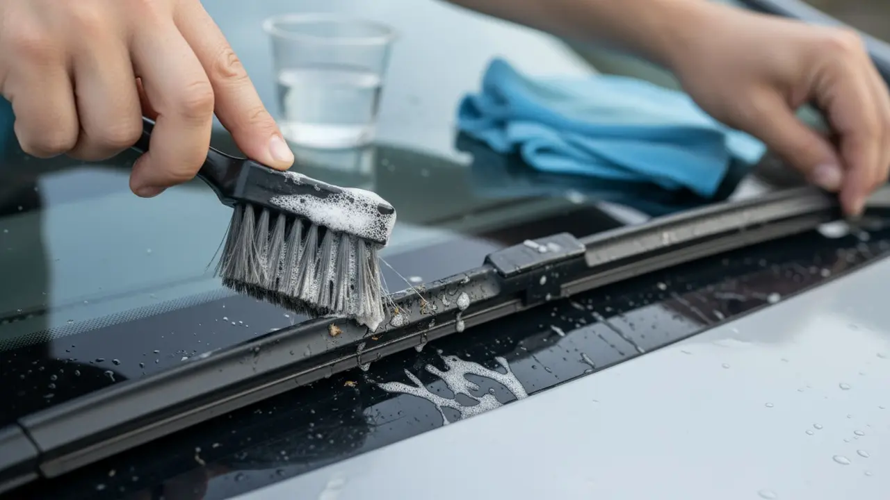 Nærbillede af hænder, der skrubber viskerbladets gummi med en blød børste og sæbevandsløsning.