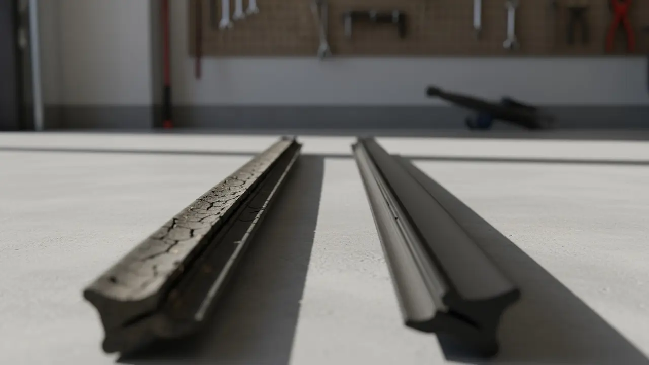 Nærbillede af et revnet og snavset viskerblad ved siden af et nyt blad til sammenligning.