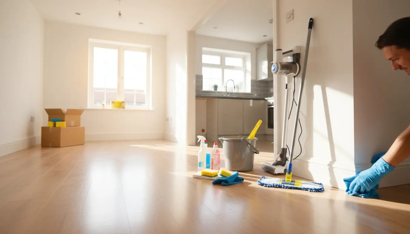 Soloplyst rækkehusstue med flyttekasser og rengøringsudstyr, en person i gummihandsker gør rent.