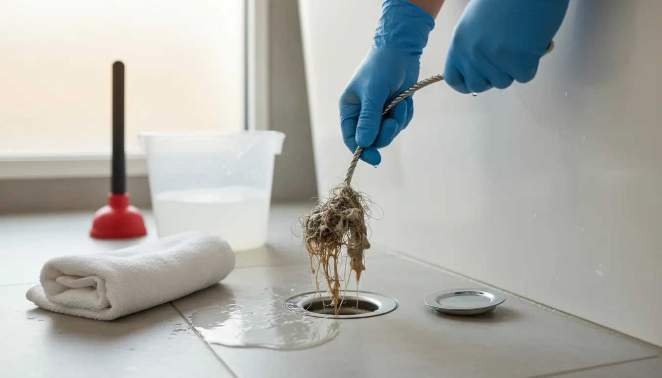 Hænder i gummihandsker trækker en hårprop op af et badekarsafløb med en afløbsslange, vand på fliserne og en planke ved siden af.