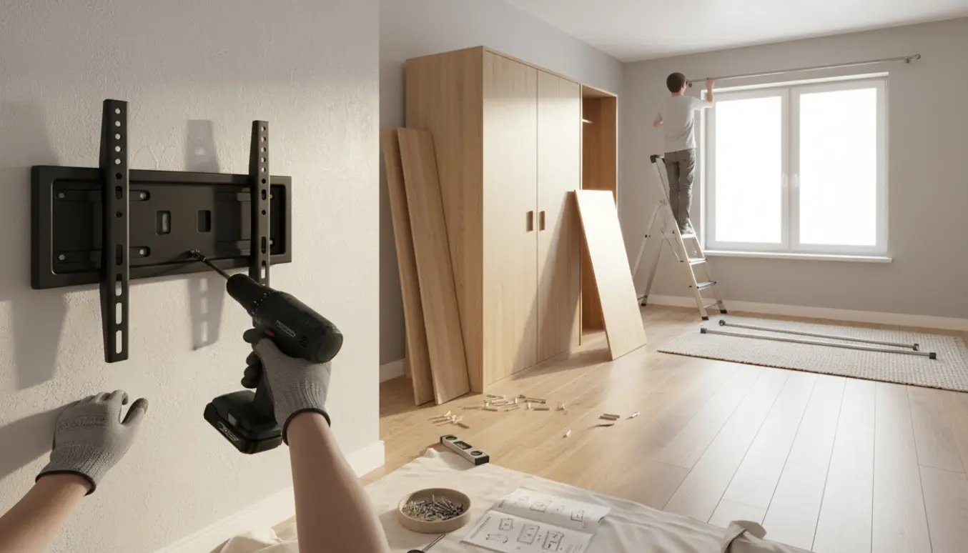 Et lyst rum med delvist samlet tre-dørs garderobe, hængende tv-beslag under montering og gardinstang installeret ved vinduet.