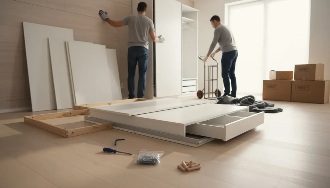 Et PAX-garderobeskab er delvist adskilt i en lys lejlighed med paneler, værktøj og to flyttemænd set bagfra.