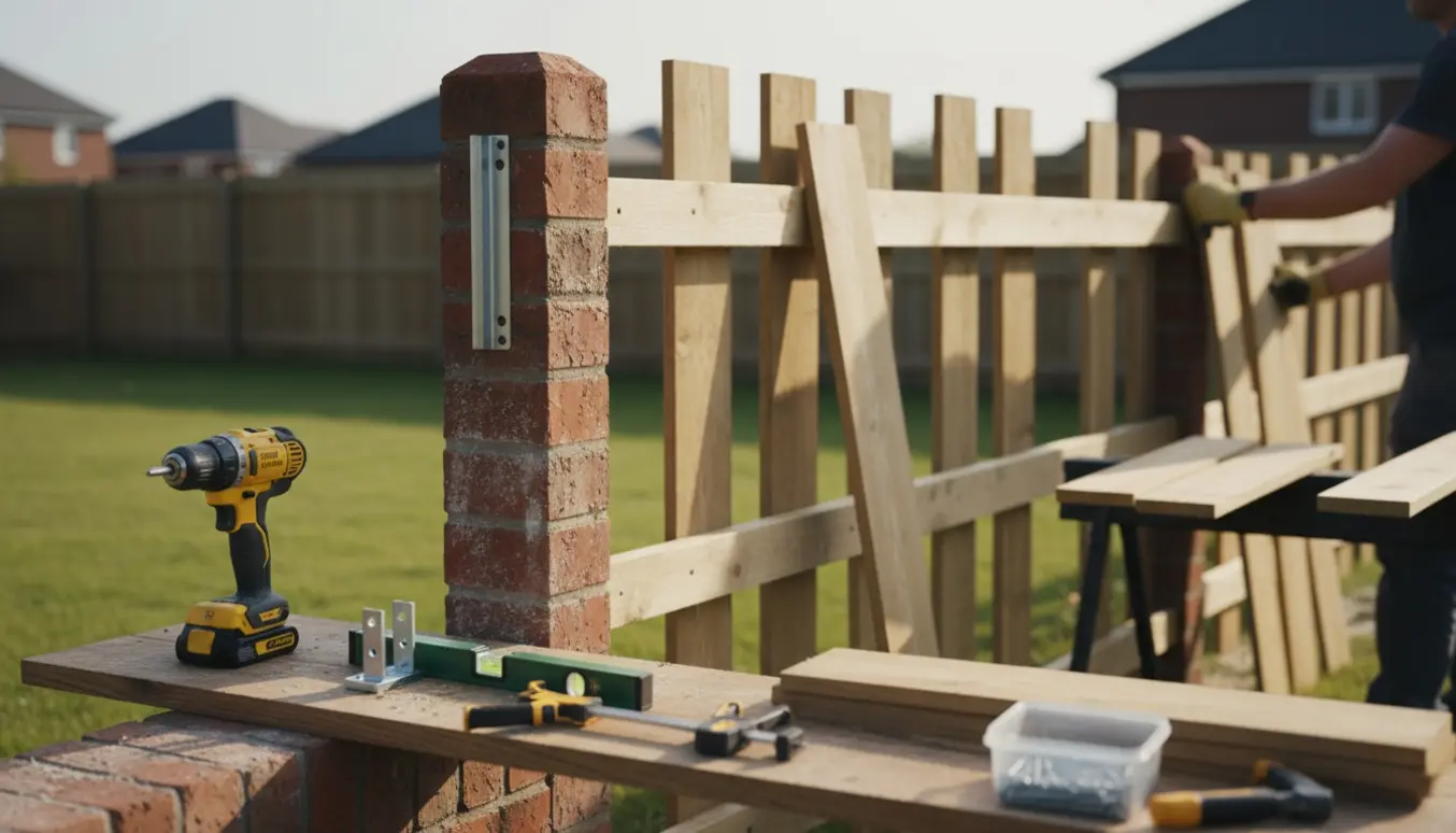 Delvist monteret træhegn ved en murstenspæl med værktøj og materialer i baghaven.