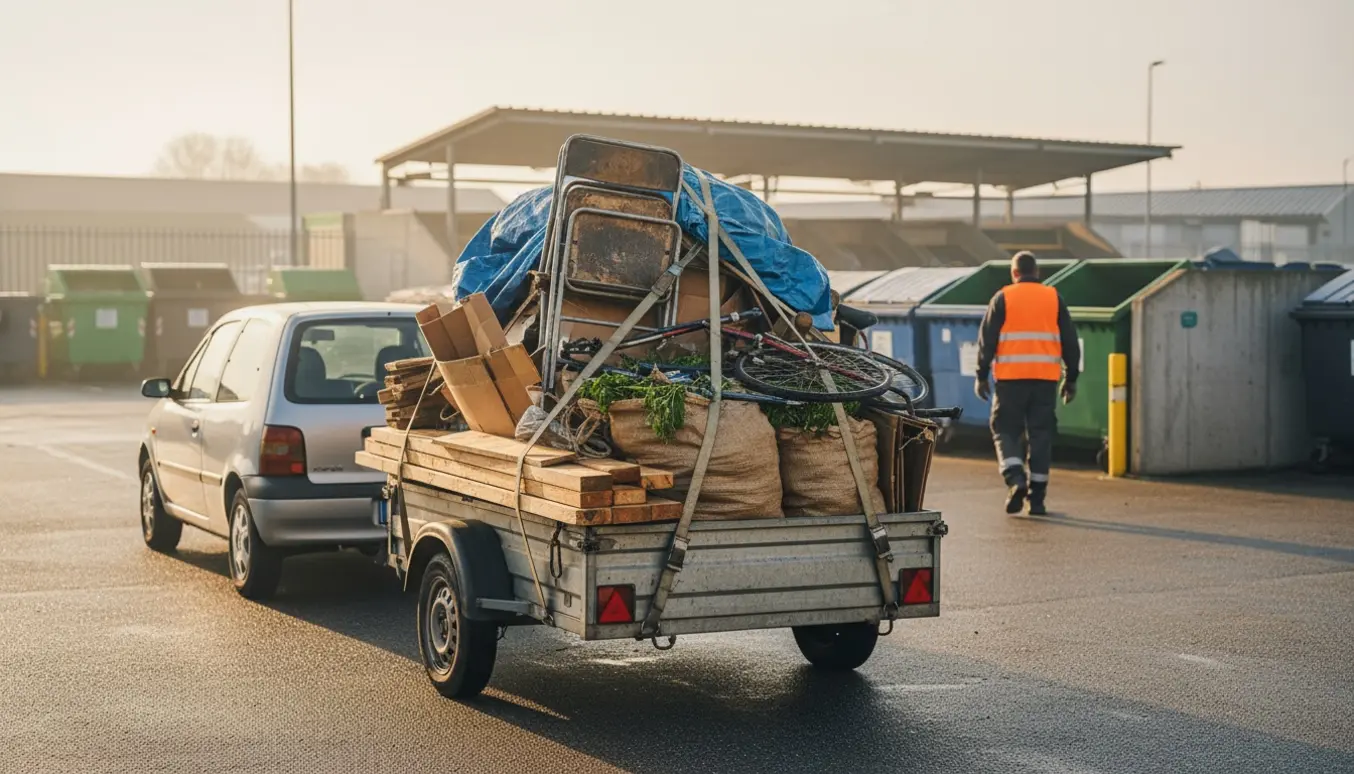 Bil med en fyldt trailer parkeret ved en genbrugsstation tidlig om morgenen.