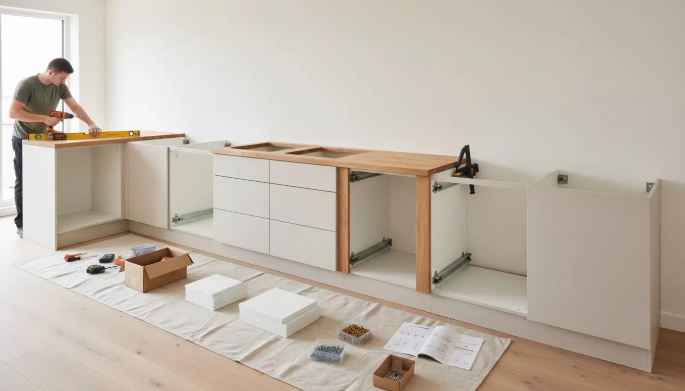 Montering af komplet fladtpakket køkken med underskabe, højskabe og træbordplade med udskæringer, hænder arbejder med værktøj.