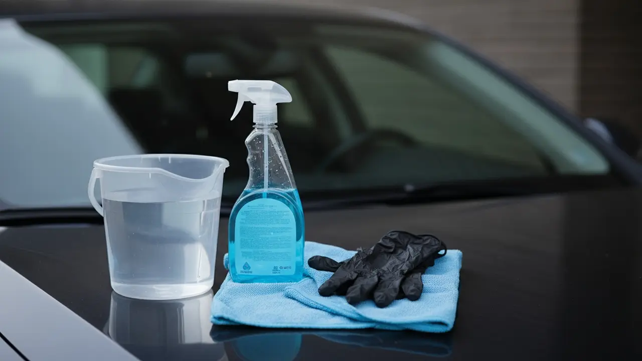 Ruderens, mikrofiberklud, handsker og spand samlet på bilens hætte.