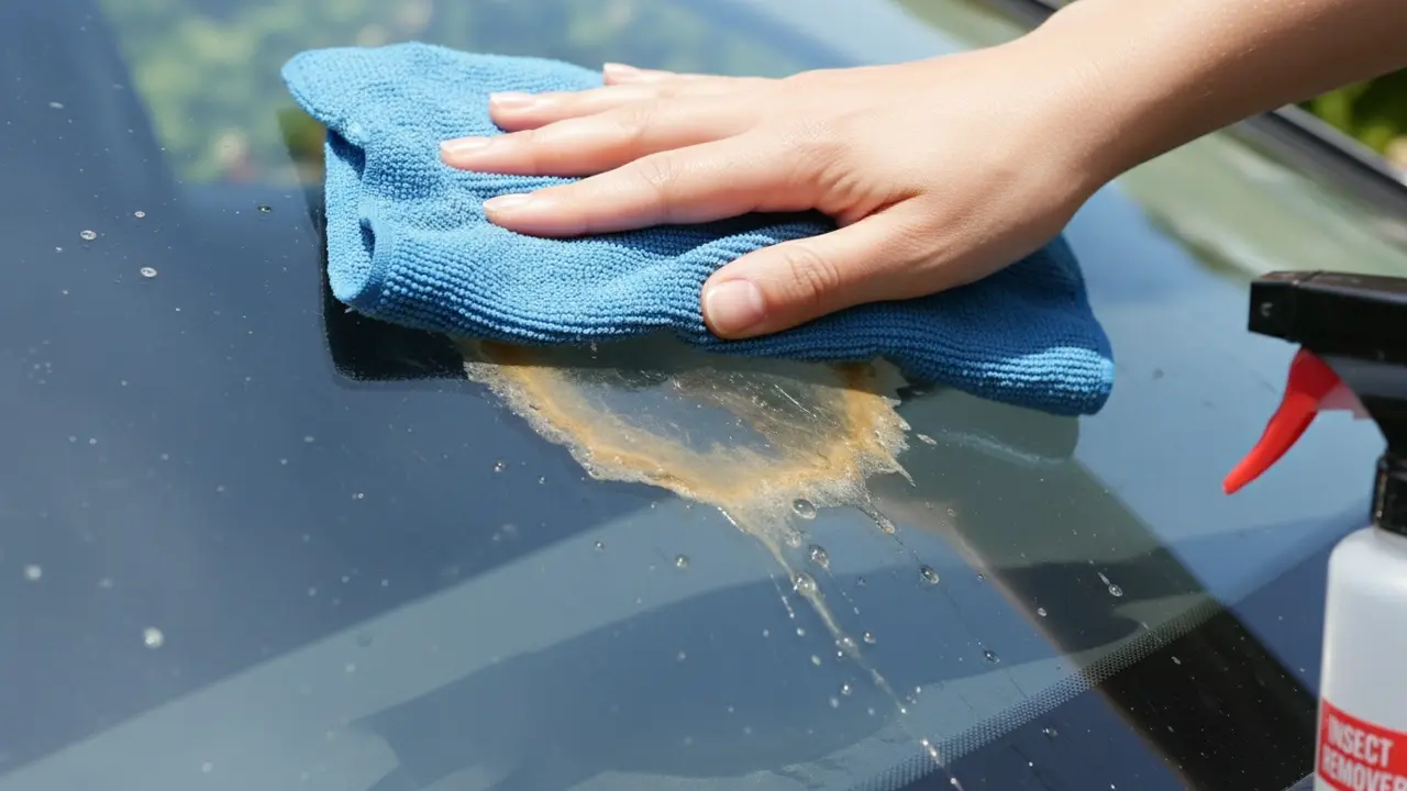 Fugtig mikrofiberklud lagt over fugleklat på forrude for at blødgøre den før aftørring.