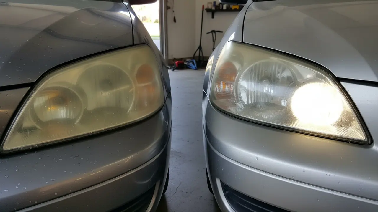 Billygter side om side: venstre mat og gulnet, højre ren og klar.