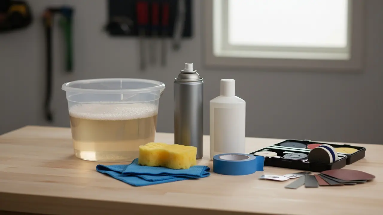 Rengøringsredskaber: mikrofiberklude, svamp, sæbebøtte, poleringskit og tape.