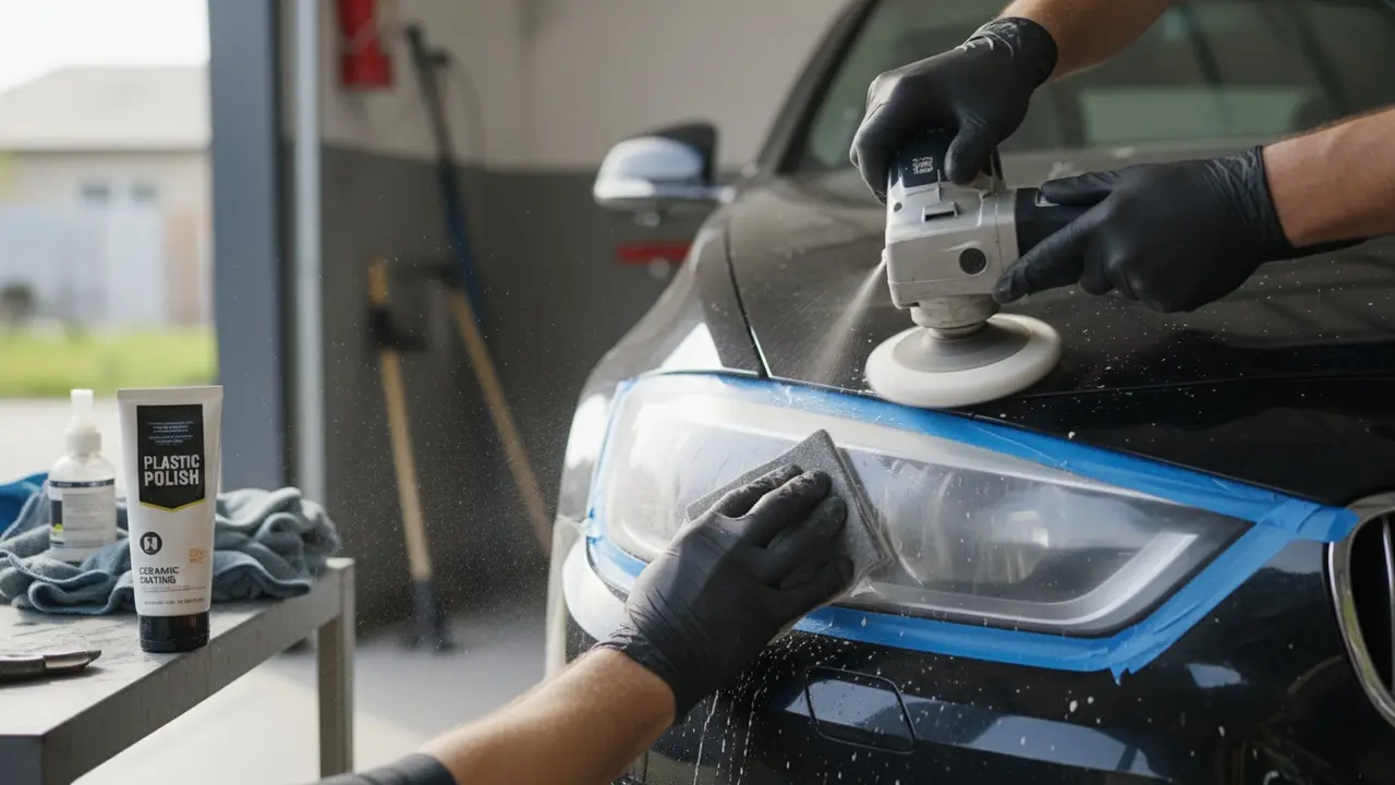 Polering af forlygte med afdækningstape, vådslibning og polermaskine.