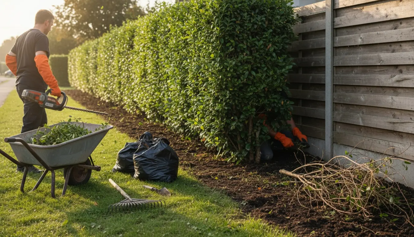 Opklippet ligusterhæk langs vejen med ryddet 40 cm kant ved plankeværket, værktøj og fyldte affaldssække i forgrunden.